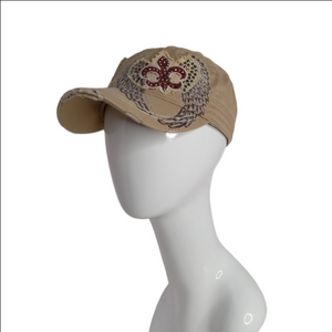 TAN Fleur-de-lis  CAP Y2K STYLE MILITARY W/ RHINESTONE WING‎ DETAIL